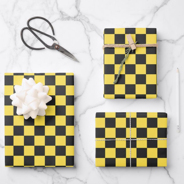 Hoja De Papel De Regalo Patrón de tablero de ajedrez amarillo y negro (Anverso)