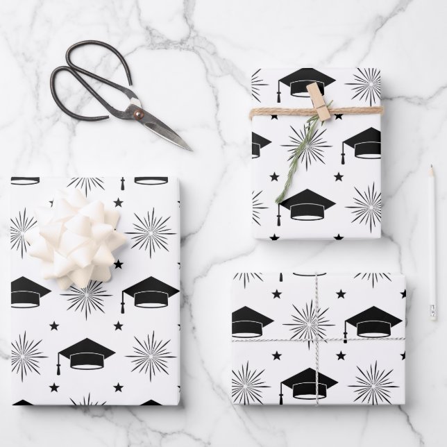 Hoja De Papel De Regalo Patrón de tapón de graduación en blanco y negro (Anverso)