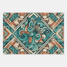 Hoja De Papel De Regalo Patrón de terracota y azul teal inspirado en aztec