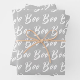 Hoja De Papel De Regalo Patrón de texto de boo gris blanco de Halloween