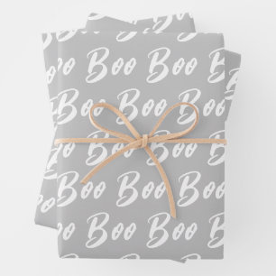 Hoja De Papel De Regalo Patrón de texto de boo gris blanco de Halloween