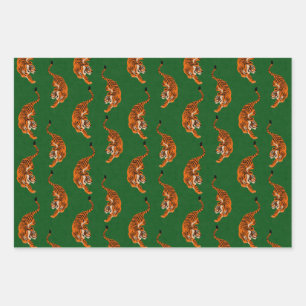 Hoja De Papel De Regalo Patrón de tigres con fondo verde