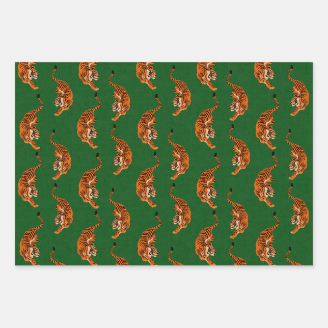 Hoja De Papel De Regalo Patrón de tigres con fondo verde (Anverso)