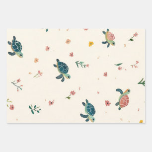 Hoja De Papel De Regalo Patrón de tortuga marina acuarela floral costero l