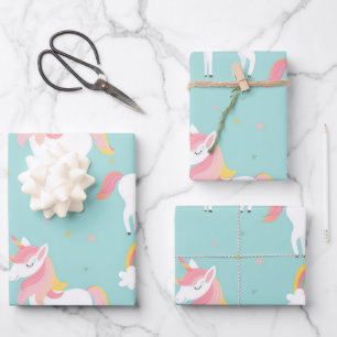 Hoja De Papel De Regalo Patrón de unicornio corto en azul Pastel Aqua