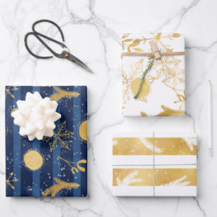 Hoja De Papel De Regalo Patrón de vacaciones de Navidades blancos de oro a