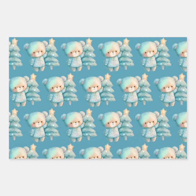 Hoja De Papel De Regalo Patrón de vacaciones de Oso y Árbol de Navidad (Anverso)