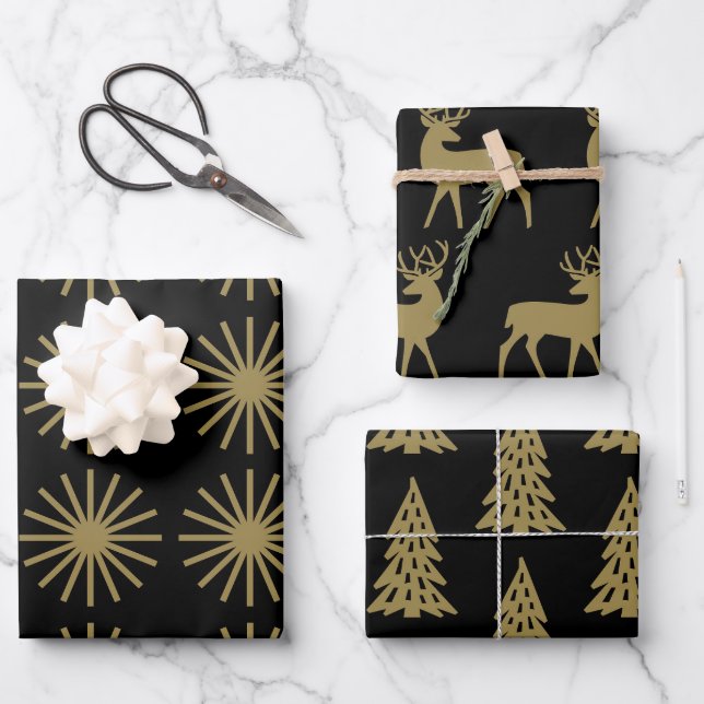 Hoja De Papel De Regalo Patrón de vacaciones Negro y Oro (Anverso)