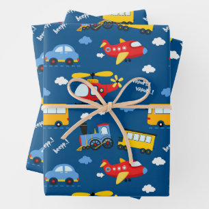 Hoja De Papel De Regalo Patrón de vehículos de dibujos animados lindos 