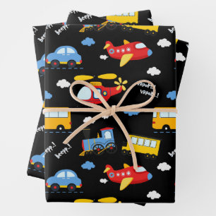 Hoja De Papel De Regalo Patrón de Vehículos de Dibujos Animados Lindos 