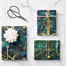 Hoja De Papel De Regalo Patrón de vidrio tintado de árbol celestial verde 