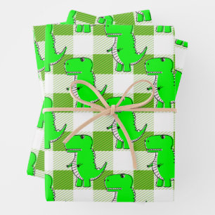 Hoja De Papel De Regalo Patrón Dino Tartán de Placa Verde y Blanco