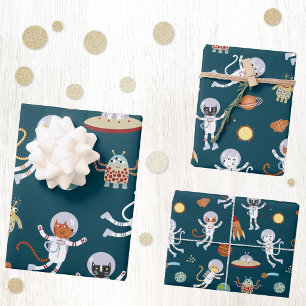 Hoja De Papel De Regalo Patrón Divertido de Gato Astronauta Espacial