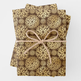 Hoja De Papel De Regalo Patrón elegante de Dahlias marrones y dorados