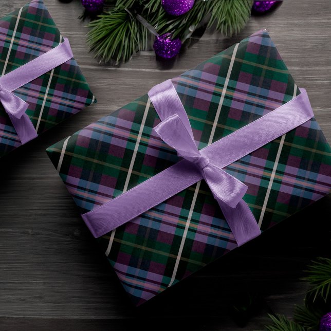Hoja De Papel De Regalo Patrón elegante festivo oscuro morado y verde reve (Festive Stylish Dark Purple & Green Plaid Pattern Wrapping Paper Sheets)