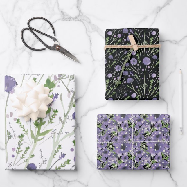 Hoja De Papel De Regalo Patrón elegante morado verde negro floral (Anverso)