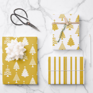 Hoja De Papel De Regalo Patrón festivo de árbol de Navidad amarillo y blan