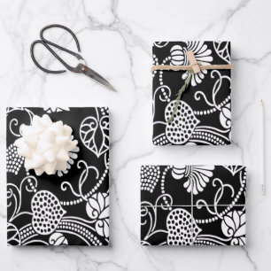 Hoja De Papel De Regalo Patrón floral antiguo negro sobre blanco