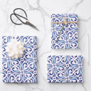 Hoja De Papel De Regalo Patrón floral azul de Azulejos