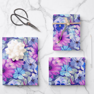 Hoja De Papel De Regalo Patrón floral azul magenta rosa