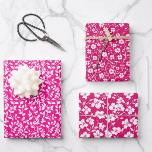 Hoja De Papel De Regalo Patrón floral blanco y rosa caliente