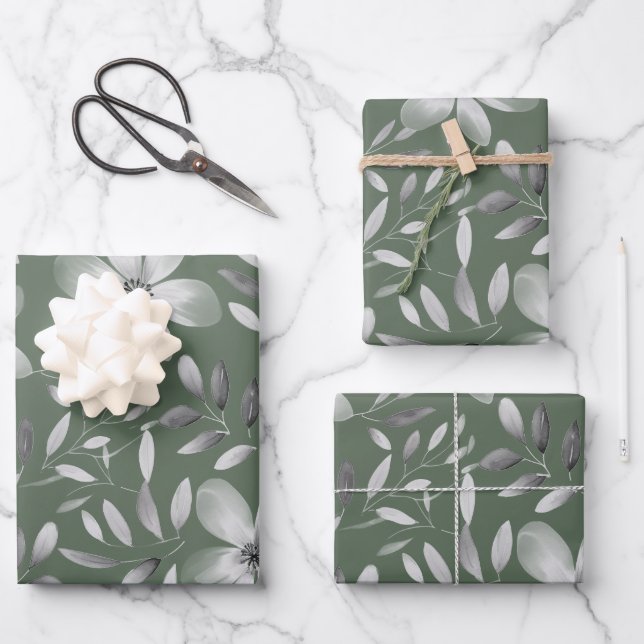 Hoja De Papel De Regalo Patrón floral botánico verde bonito (Anverso)