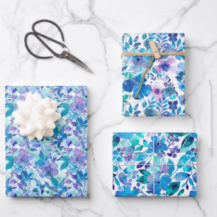 Hoja De Papel De Regalo Patrón floral de acuarela vibrante en azul y Verde