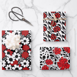 Hoja De Papel De Regalo Patrón floral de bonito en rojo, negro y blanco