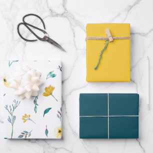 Hoja De Papel De Regalo Patrón floral de color azul turquesa amarillo