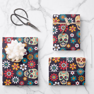 Hoja De Papel De Regalo Patrón floral de cráneo rojo