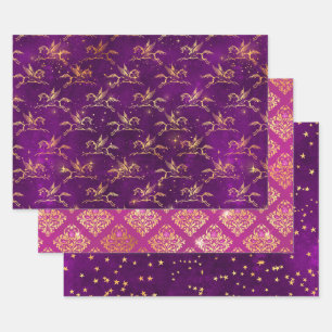 Hoja De Papel De Regalo Patrón floral de Pegasus y oro en púrpura y rosa