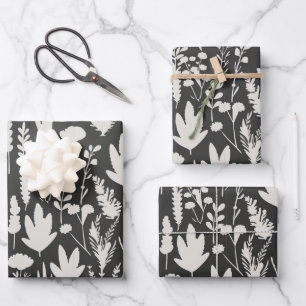 Hoja De Papel De Regalo Patrón Floral de Plantas y Hierbas Gris Oscuro y B