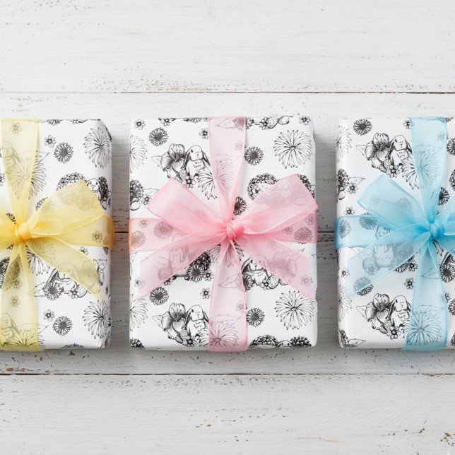 Hoja De Papel De Regalo Patrón floral de primavera del conejo de Pascua (Cute Easter Bunnies Wrapping Paper in Black and White for Kids Easter Basket or Egg Hunt)