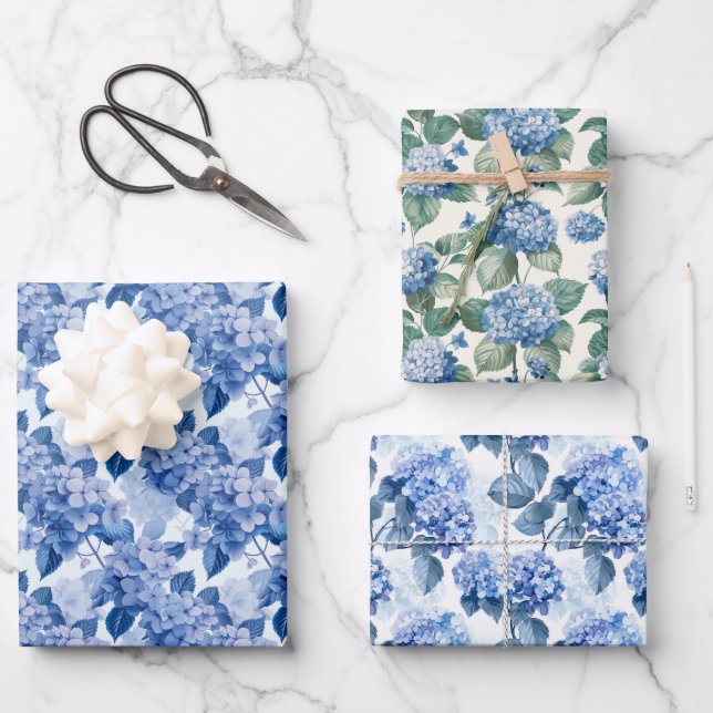 Hoja De Papel De Regalo Patrón floral elegante de Hydrangea azul (Anverso)