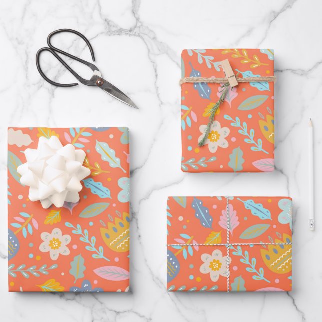 Hoja De Papel De Regalo Patrón floral folclórico escandinavo en Naranja (Anverso)