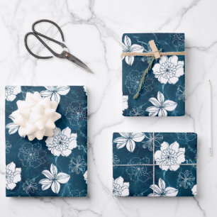 Hoja De Papel De Regalo Patrón floral gráfico de mármol azul blanco y nava