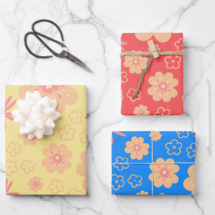 Hoja De Papel De Regalo Patrón floral retro colorido de 3 envases