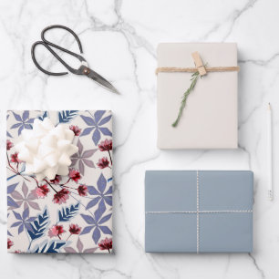 Hoja De Papel De Regalo Patrón floral retro con flores rosadas y borgoña