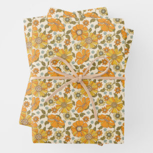 Hoja De Papel De Regalo Patrón floral retro Naranja vintage