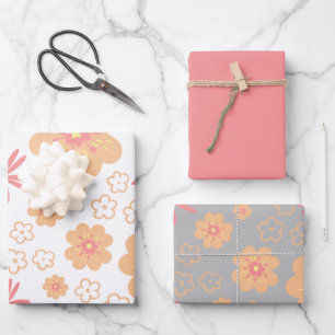 Hoja De Papel De Regalo Patrón floral retro y rosa liso