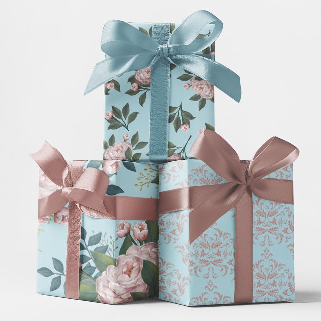 Hoja De Papel De Regalo Patrón floral rosa Elegante Damasco azul (Elegant blush pink and blue floral pattern wrapping paper)