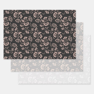 Hoja De Papel De Regalo Patrón floral rosa sobre negro, gris y blanco