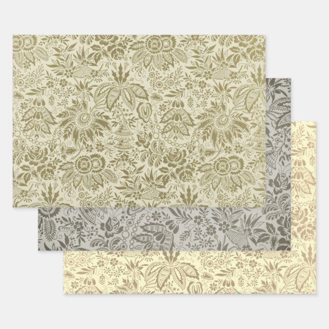 Hoja De Papel De Regalo Patrón floral Sage verde Damasco antiguo (Set)