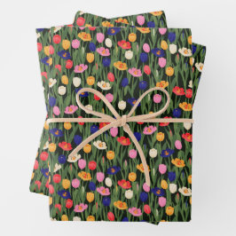 Hoja De Papel De Regalo Patrón Floral Tulipanes Tallos Verdes Flores