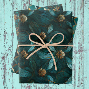 Hoja De Papel De Regalo Patrón floral verde azulado y dorado