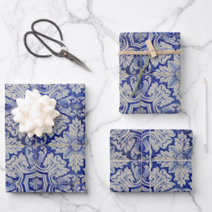 Hoja De Papel De Regalo Patrón floral vintage azul y blanco mediterráneo