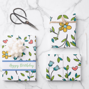 Hoja De Papel De Regalo Patrón floral y cardíaco colorido dibujado a mano