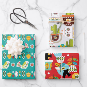 Hoja De Papel De Regalo Patrón Folclórico Conjunto A