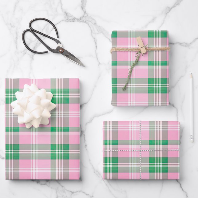 Hoja De Papel De Regalo Patrón Funky Tartán Rosa Y Verde Plantado (Anverso)