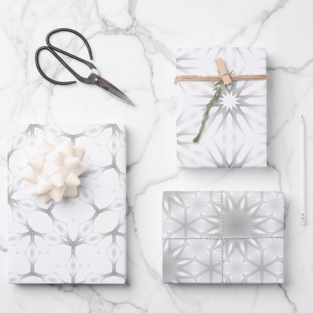Hoja De Papel De Regalo Patrón geométrico blanco y plateado (Anverso)